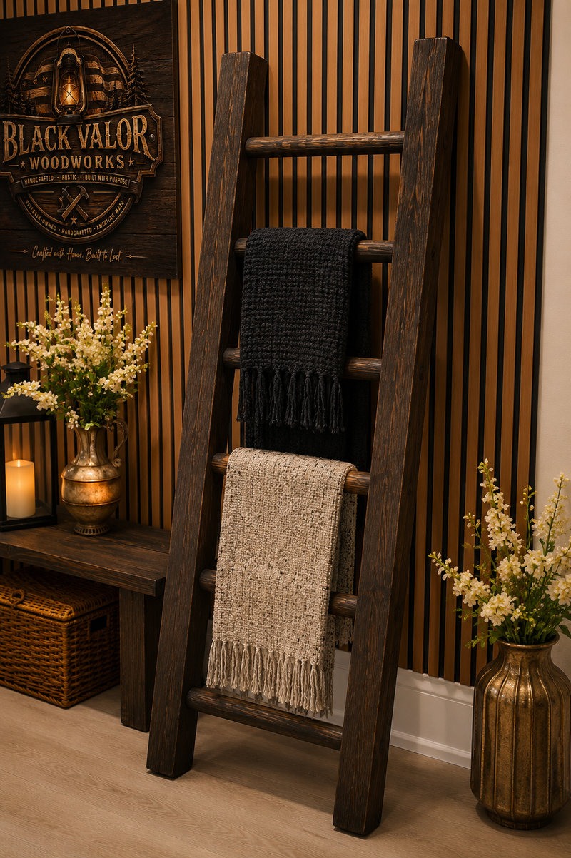 Rustic Handmade Blanket Ladder | Farmhouse Dark Wood Decor | Black Valor Woodworks