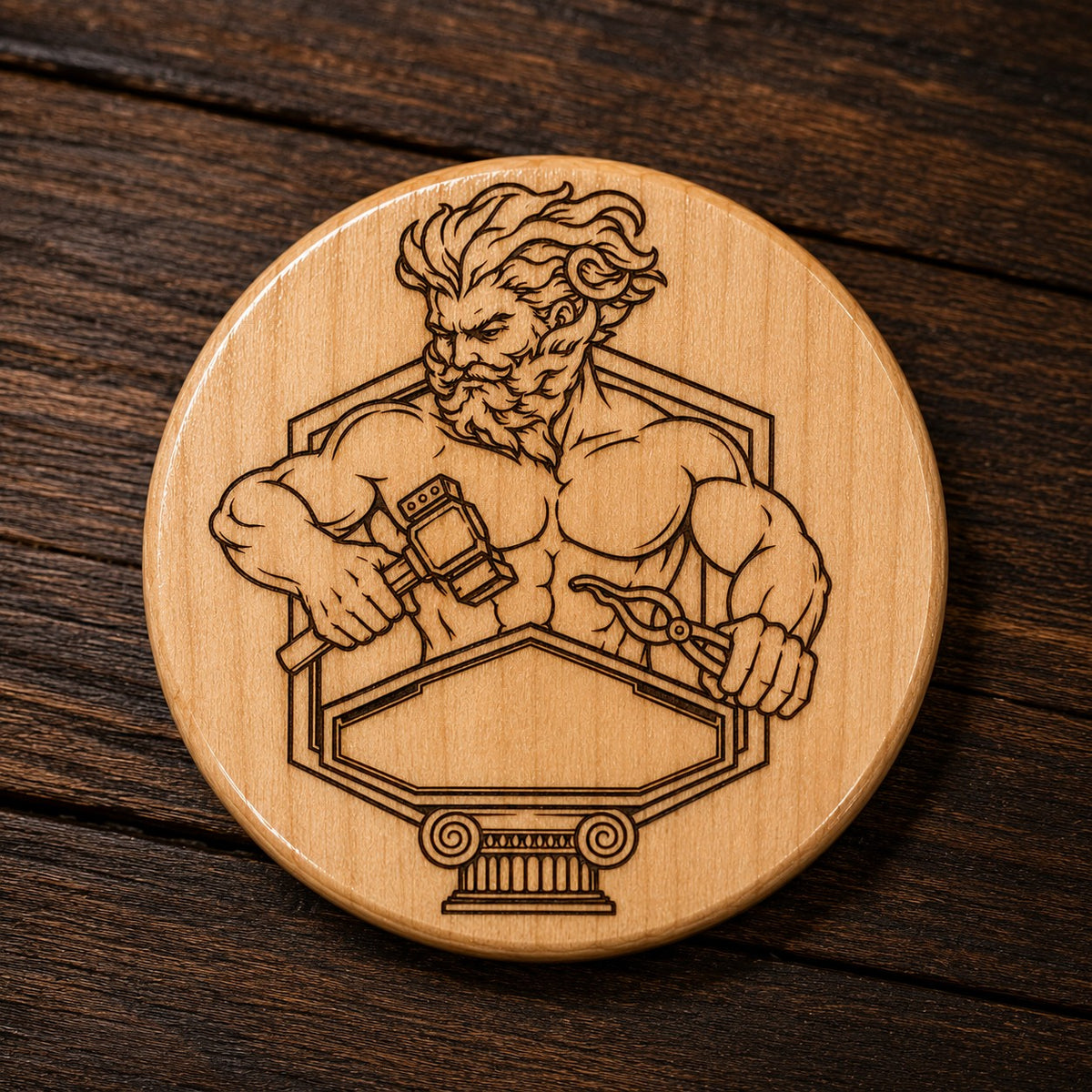 The Forge God Coaster – Handmade Hephaestus Wooden Coaster single