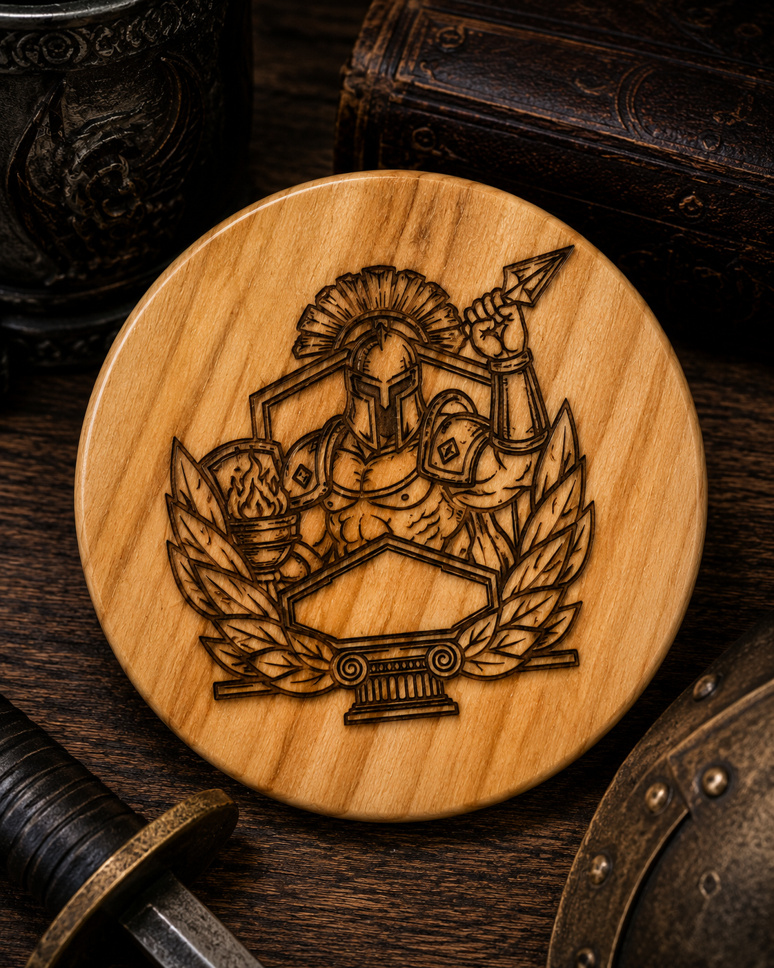 The Conqueror’s Crest Coaster – Handmade Engraved Gladiator Wooden Coaster