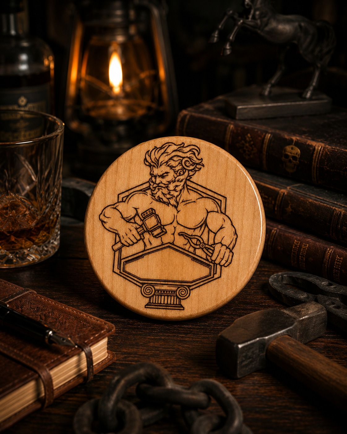 The Forge God Coaster – Handmade Hephaestus Wooden Coaster single