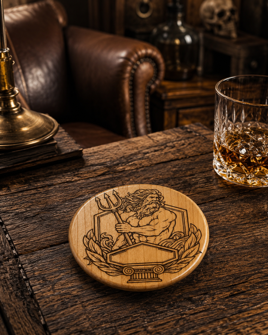 Poseidon God Laser Engraved Wooden Coaster – Handmade One-of-a-Kind Mythology Design