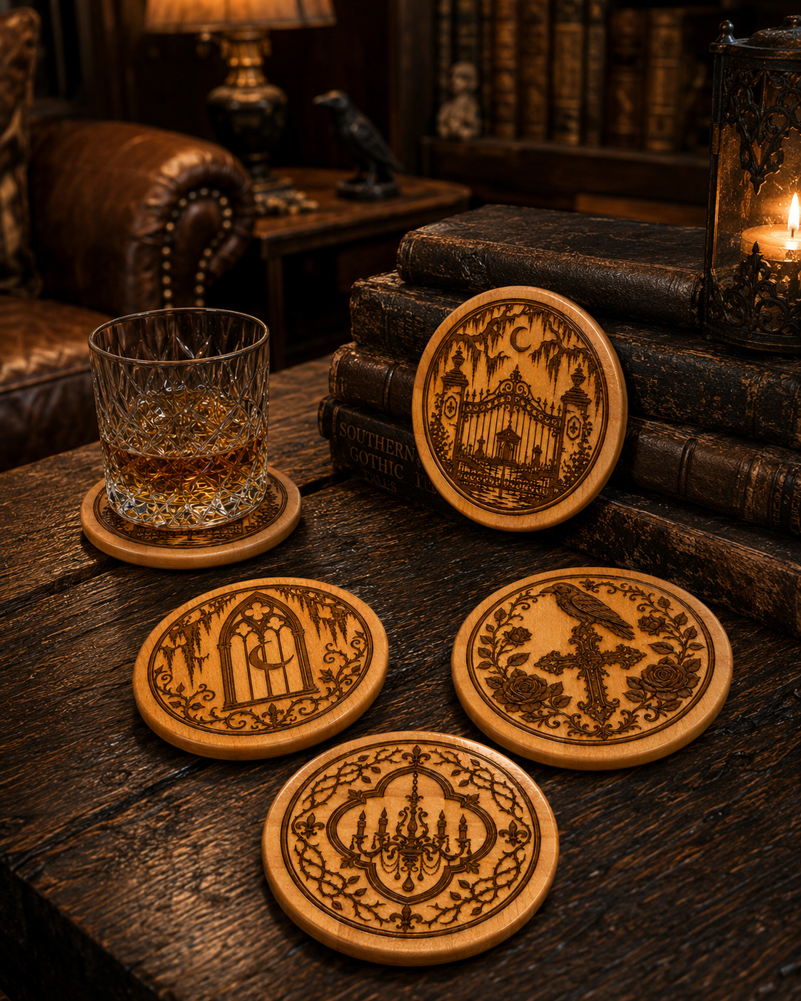 The Iron Gate Coaster Set – Luxury Handmade Southern Gothic Wooden Coasters, Set of 4