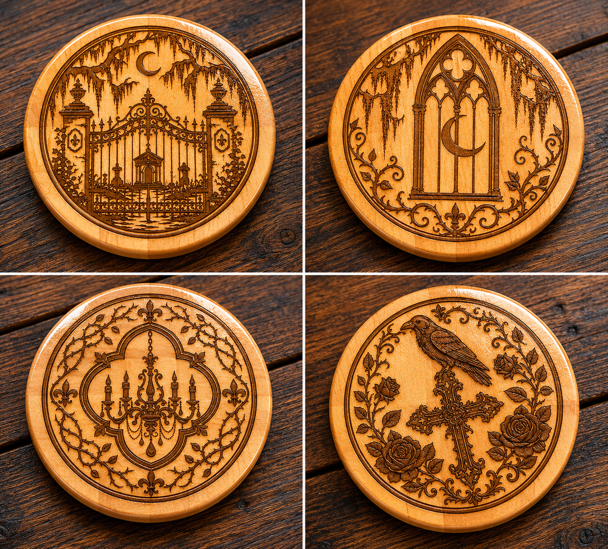 The Iron Gate Coaster Set – Luxury Handmade Southern Gothic Wooden Coasters, Set of 4