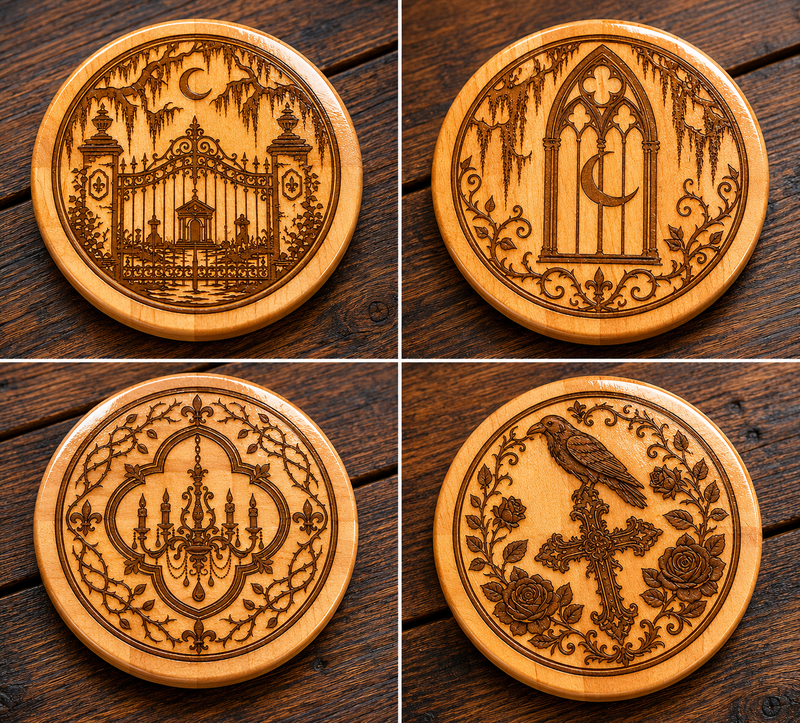 The Iron Gate Coaster Set – Luxury Handmade Southern Gothic Wooden Coasters, Set of 4