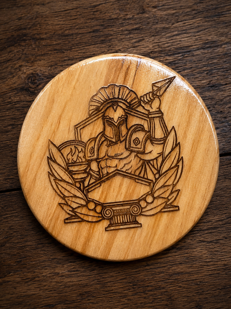 The Conqueror’s Crest Coaster – Handmade Engraved Gladiator Wooden Coaster