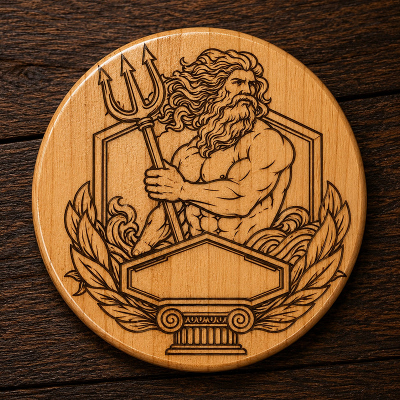Poseidon God Laser Engraved Wooden Coaster – Handmade One-of-a-Kind Mythology Design
